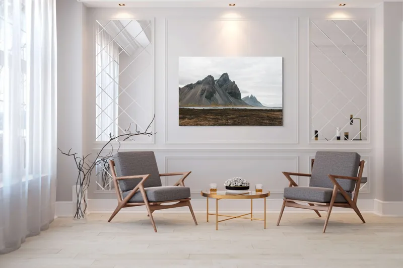Tablou Canvas, "Munții maiestuoși sub cer înnorat", Munți, Nor, Peisaj, Maluri, Stânci, Natură, Calm, Eternitate, 150 x 100 cm – poza 7