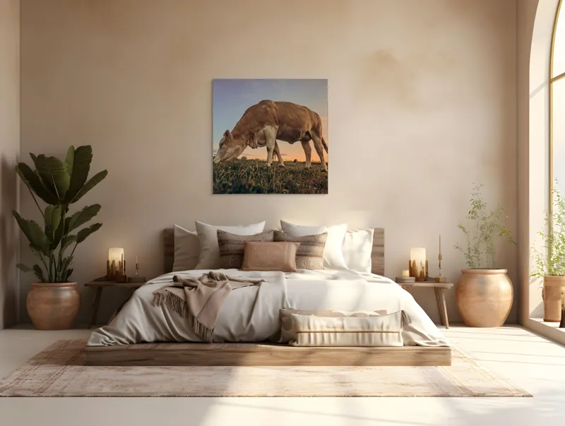 Tablou Canvas, "Vaca pășunând la apusul soarelui", Vacă, Apus, Iarbă, Fermă, Cer, Natură, Peisaj., 100 x 100 cm – poza 4