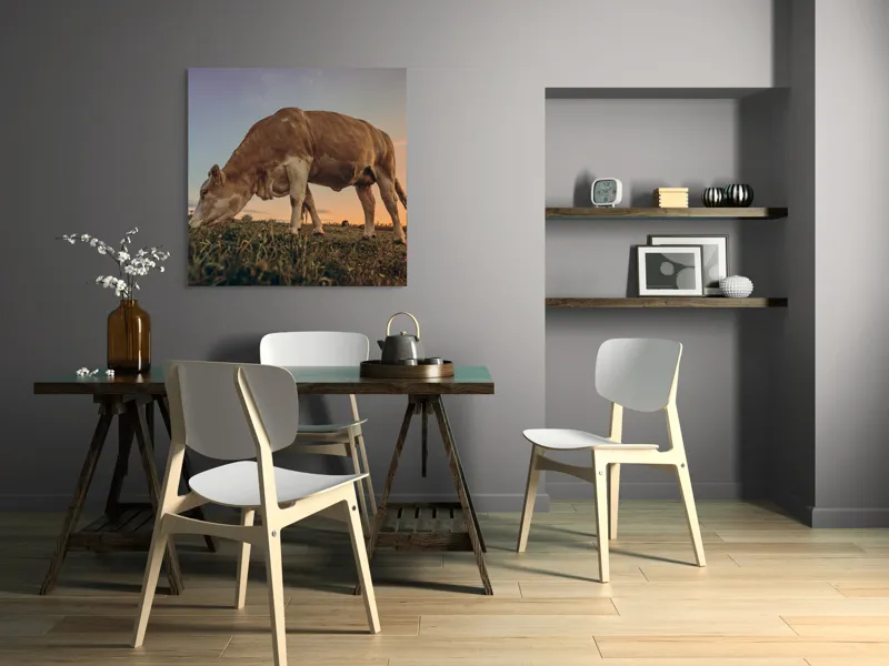 Tablou Canvas, "Vaca pășunând la apusul soarelui", Vacă, Apus, Iarbă, Fermă, Cer, Natură, Peisaj., 100 x 100 cm – poza 6