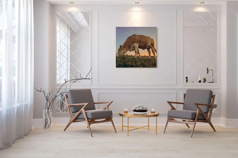 Tablou Canvas, "Vaca pășunând la apusul soarelui", Vacă, Apus, Iarbă, Fermă, Cer, Natură, Peisaj., 100 x 100 cm – poza 7