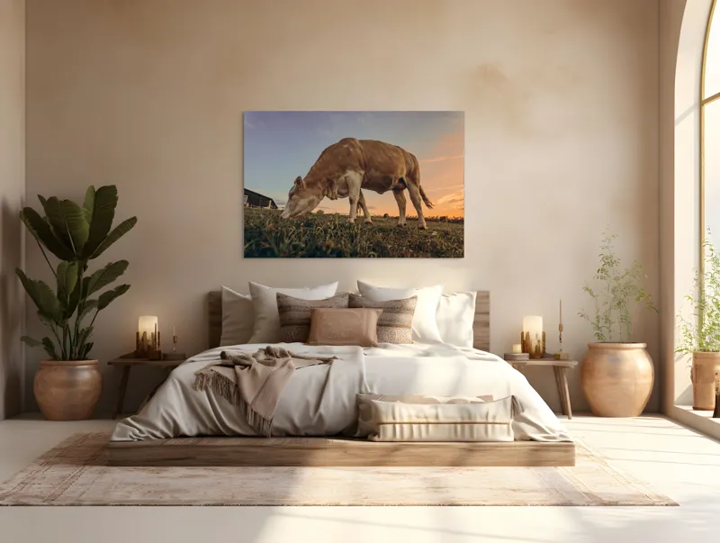 Tablou Canvas, "Vaca pășunând la apusul soarelui", Vacă, Apus, Iarbă, Fermă, Cer, Natură, Peisaj., 150 x 100 cm – poza 4