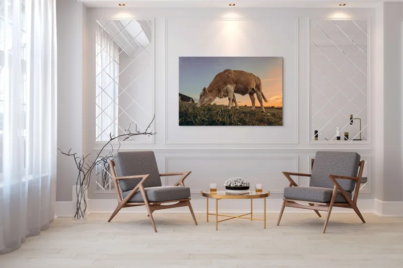 Tablou Canvas, "Vaca pășunând la apusul soarelui", Vacă, Apus, Iarbă, Fermă, Cer, Natură, Peisaj., 150 x 100 cm – poza 7