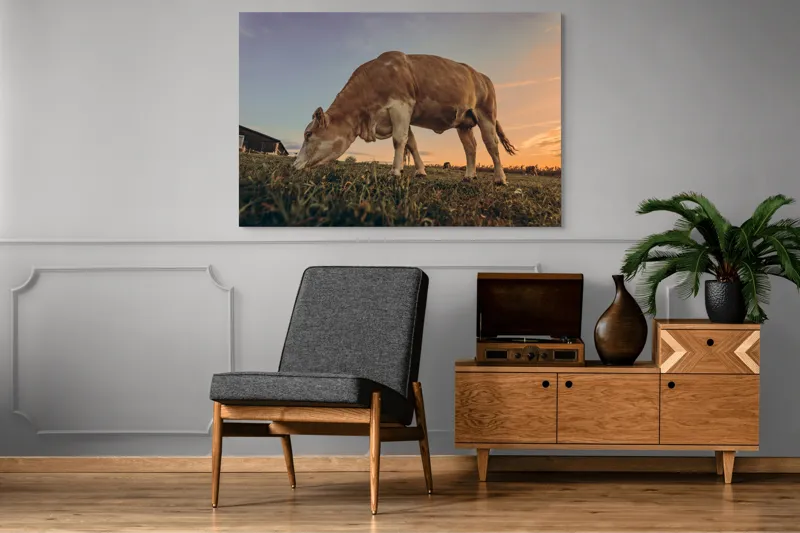 Tablou Canvas, "Vaca pășunând la apusul soarelui", Vacă, Apus, Iarbă, Fermă, Cer, Natură, Peisaj., 150 x 100 cm – poza 8
