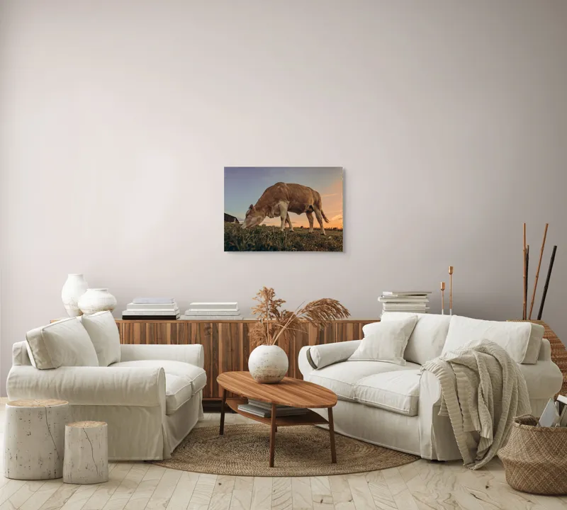 Tablou Canvas, "Vaca pășunând la apusul soarelui", Vacă, Apus, Iarbă, Fermă, Cer, Natură, Peisaj., 70 x 50 cm – poza 6