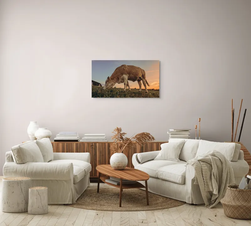 Tablou Canvas, "Vaca pășunând la apusul soarelui", Vacă, Apus, Iarbă, Fermă, Cer, Natură, Peisaj., 90 x 50 cm – poza 4