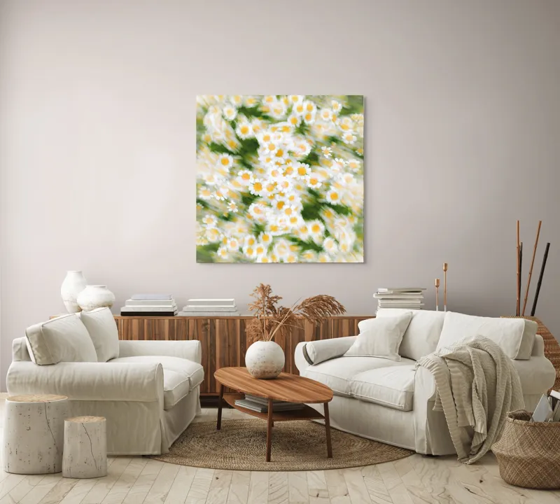 Tablou Canvas, "Dansul eteric al margaretelor în floare", Flori, Margarete, Mișcare, Energie, Culori, Natură, Vise, Artă, 100 x 100 cm – poza 3