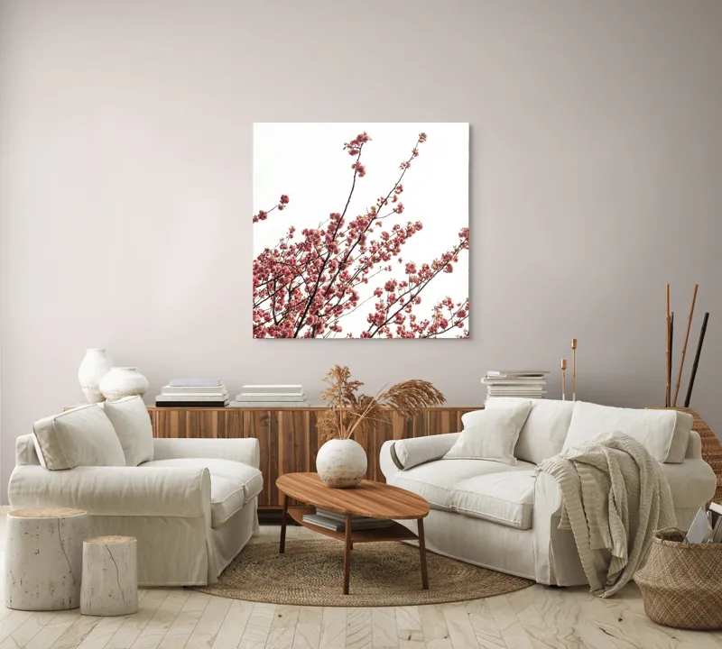 Tablou Canvas, "Flori de cireș în adierea vântului", Flori, Roz, Ramuri, Cer, Primăvară, Natură, Delicat, Frumusețe, Prospețime, Abundență., 100 x 100 cm – poza 3