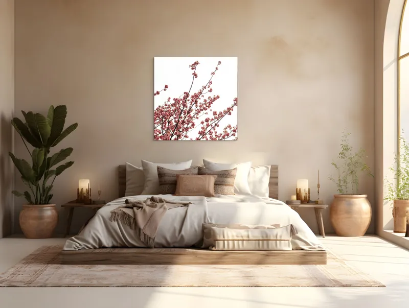 Tablou Canvas, "Flori de cireș în adierea vântului", Flori, Roz, Ramuri, Cer, Primăvară, Natură, Delicat, Frumusețe, Prospețime, Abundență., 100 x 100 cm – poza 4