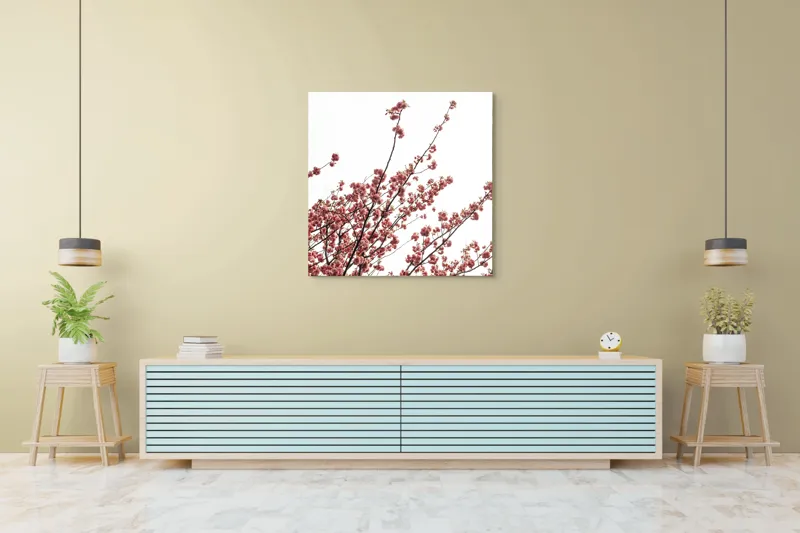 Tablou Canvas, "Flori de cireș în adierea vântului", Flori, Roz, Ramuri, Cer, Primăvară, Natură, Delicat, Frumusețe, Prospețime, Abundență., 100 x 100 cm – poza 5
