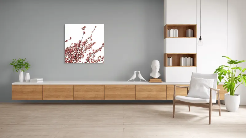 Tablou Canvas, "Flori de cireș în adierea vântului", Flori, Roz, Ramuri, Cer, Primăvară, Natură, Delicat, Frumusețe, Prospețime, Abundență., 100 x 100 cm – poza 8