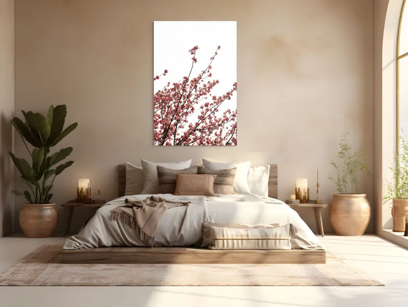 Tablou Canvas, "Flori de cireș în adierea vântului", Flori, Roz, Ramuri, Cer, Primăvară, Natură, Delicat, Frumusețe, Prospețime, Abundență., 100 x 150 cm – poza 3