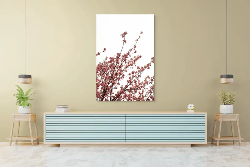 Tablou Canvas, "Flori de cireș în adierea vântului", Flori, Roz, Ramuri, Cer, Primăvară, Natură, Delicat, Frumusețe, Prospețime, Abundență., 100 x 150 cm – poza 4