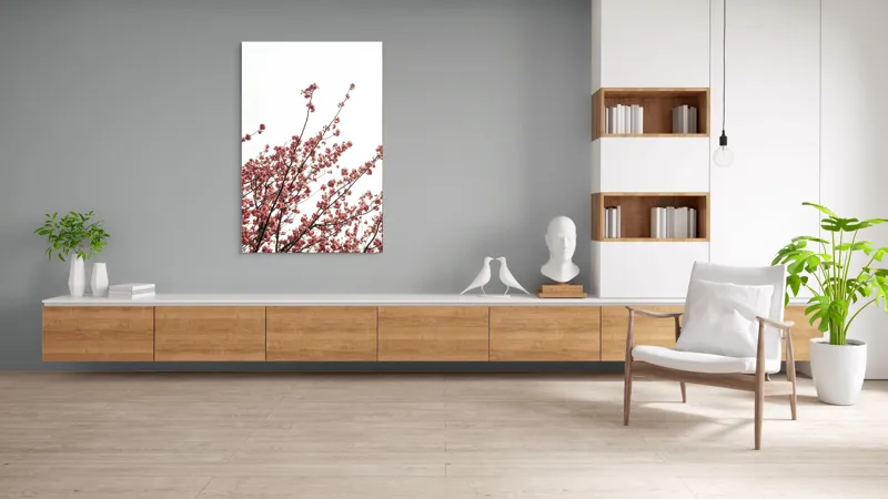 Tablou Canvas, "Flori de cireș în adierea vântului", Flori, Roz, Ramuri, Cer, Primăvară, Natură, Delicat, Frumusețe, Prospețime, Abundență., 100 x 150 cm – poza 8