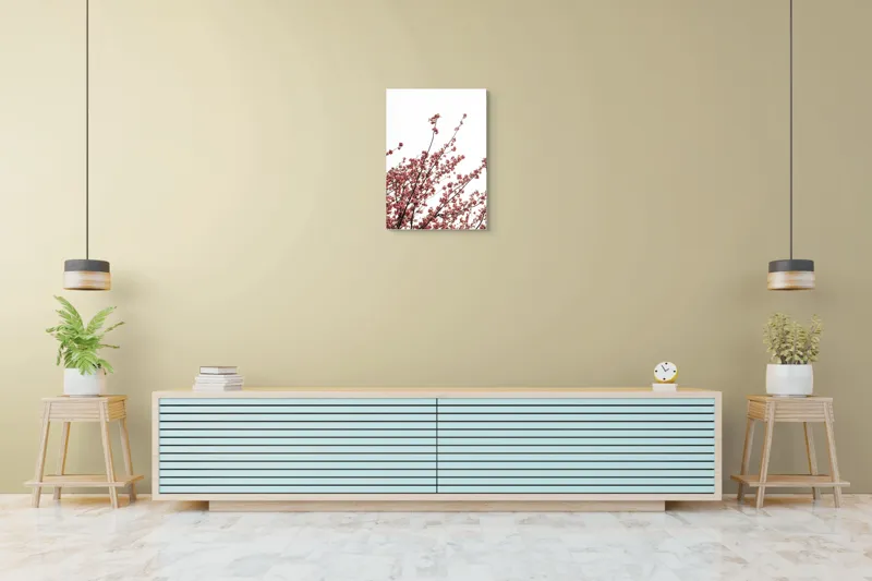 Tablou Canvas, "Flori de cireș în adierea vântului", Flori, Roz, Ramuri, Cer, Primăvară, Natură, Delicat, Frumusețe, Prospețime, Abundență., 50 x 70 cm – poza 6