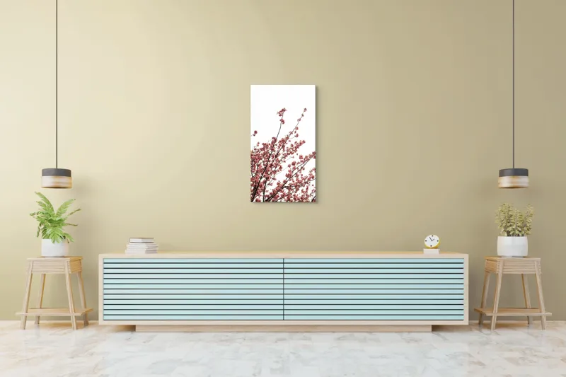 Tablou Canvas, "Flori de cireș în adierea vântului", Flori, Roz, Ramuri, Cer, Primăvară, Natură, Delicat, Frumusețe, Prospețime, Abundență., 50 x 90 cm – poza 6