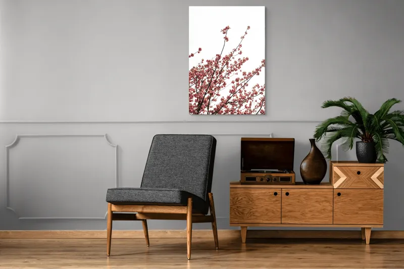 Tablou Canvas, "Flori de cireș în adierea vântului", Flori, Roz, Ramuri, Cer, Primăvară, Natură, Delicat, Frumusețe, Prospețime, Abundență., 70 x 100 cm – poza 6
