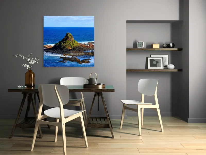 Tablou Canvas, "Insula stâncoasă în mijlocul oceanului", Mare, Stânci, Vegetație, Valuri, Cer, Albastru, Verde, Natură, Ocean, Insulă, 100 x 100 cm – poza 6