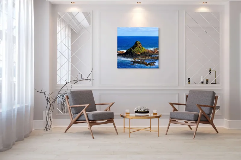 Tablou Canvas, "Insula stâncoasă în mijlocul oceanului", Mare, Stânci, Vegetație, Valuri, Cer, Albastru, Verde, Natură, Ocean, Insulă, 100 x 100 cm – poza 7