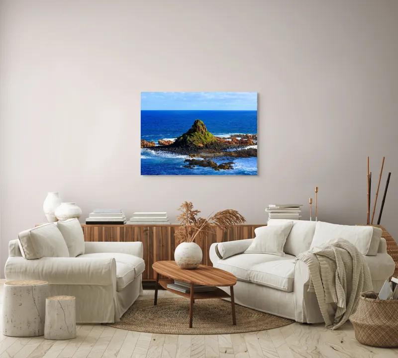 Tablou Canvas, "Insula stâncoasă în mijlocul oceanului", Mare, Stânci, Vegetație, Valuri, Cer, Albastru, Verde, Natură, Ocean, Insulă, 100 x 70 cm – poza 3