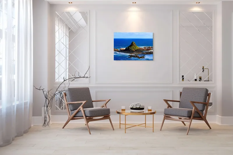 Tablou Canvas, "Insula stâncoasă în mijlocul oceanului", Mare, Stânci, Vegetație, Valuri, Cer, Albastru, Verde, Natură, Ocean, Insulă, 100 x 70 cm – poza 5