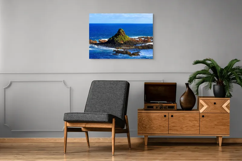 Tablou Canvas, "Insula stâncoasă în mijlocul oceanului", Mare, Stânci, Vegetație, Valuri, Cer, Albastru, Verde, Natură, Ocean, Insulă, 100 x 70 cm – poza 8