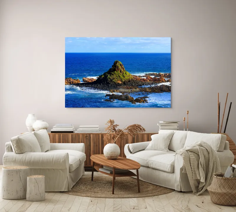 Tablou Canvas, "Insula stâncoasă în mijlocul oceanului", Mare, Stânci, Vegetație, Valuri, Cer, Albastru, Verde, Natură, Ocean, Insulă, 150 x 100 cm – poza 3
