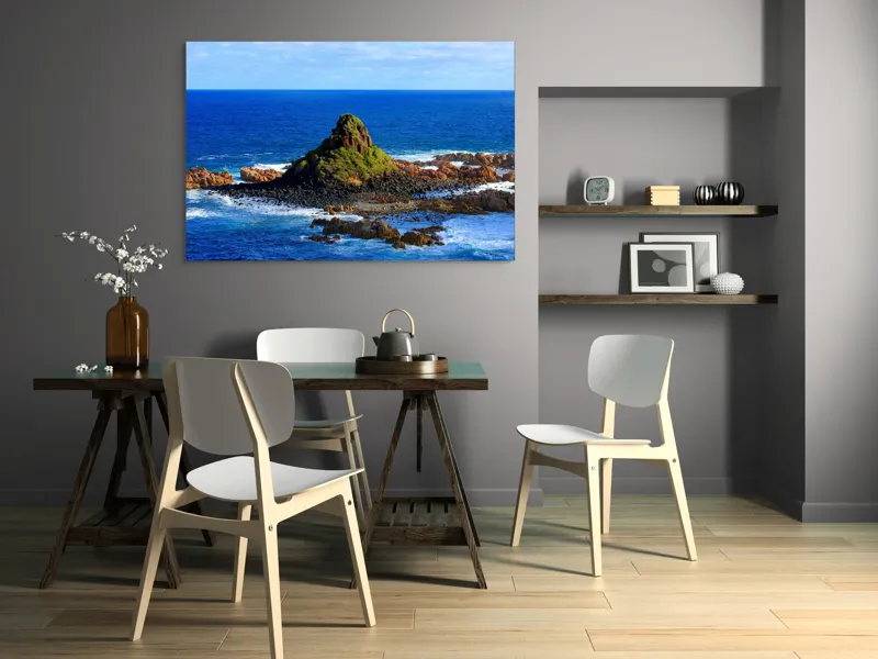 Tablou Canvas, "Insula stâncoasă în mijlocul oceanului", Mare, Stânci, Vegetație, Valuri, Cer, Albastru, Verde, Natură, Ocean, Insulă, 150 x 100 cm – poza 5