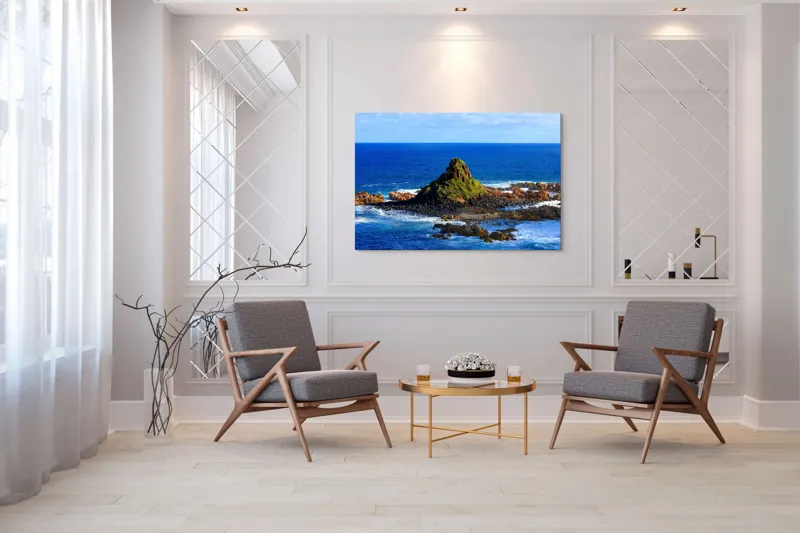 Tablou Canvas, "Insula stâncoasă în mijlocul oceanului", Mare, Stânci, Vegetație, Valuri, Cer, Albastru, Verde, Natură, Ocean, Insulă, 150 x 100 cm – poza 7