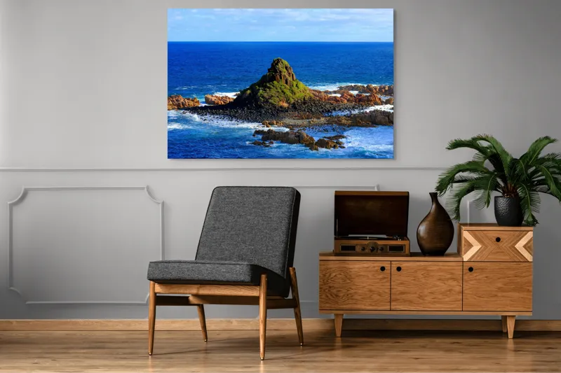 Tablou Canvas, "Insula stâncoasă în mijlocul oceanului", Mare, Stânci, Vegetație, Valuri, Cer, Albastru, Verde, Natură, Ocean, Insulă, 150 x 100 cm – poza 8