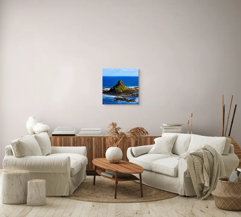 Tablou Canvas, "Insula stâncoasă în mijlocul oceanului", Mare, Stânci, Vegetație, Valuri, Cer, Albastru, Verde, Natură, Ocean, Insulă, 50 x 50 cm – poza 7