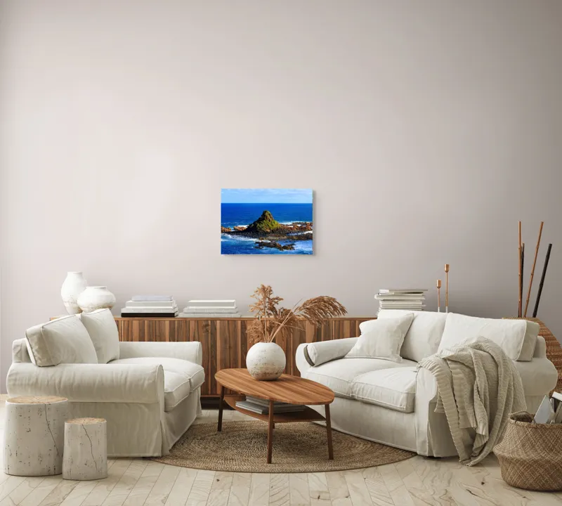 Tablou Canvas, "Insula stâncoasă în mijlocul oceanului", Mare, Stânci, Vegetație, Valuri, Cer, Albastru, Verde, Natură, Ocean, Insulă, 54 x 39 cm – poza 5