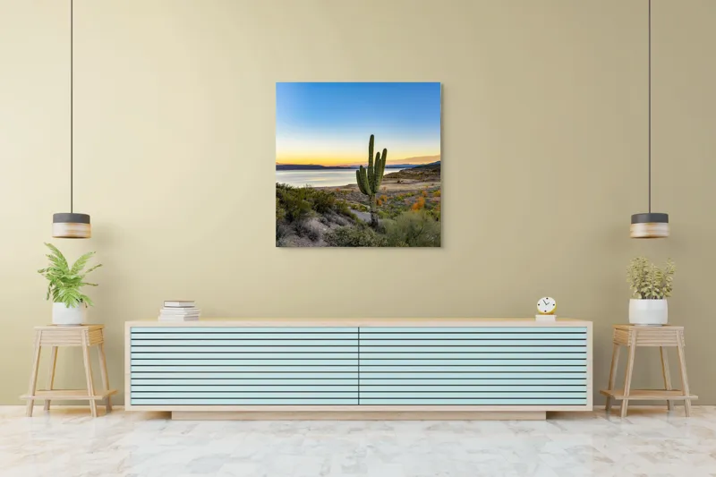 Tablou Canvas, "Apus în deșertul tăcut lângă lac", Cactuși, Apus, Peisaj, Lac, Cer, Vegetație, Coline, Lumină, Pitoresc, Tihnă, 100 x 100 cm – poza 5