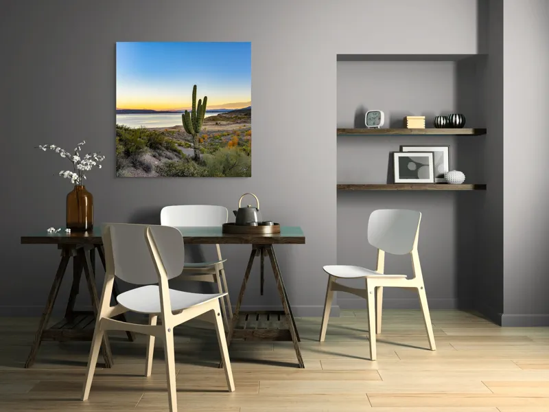 Tablou Canvas, "Apus în deșertul tăcut lângă lac", Cactuși, Apus, Peisaj, Lac, Cer, Vegetație, Coline, Lumină, Pitoresc, Tihnă, 100 x 100 cm – poza 6