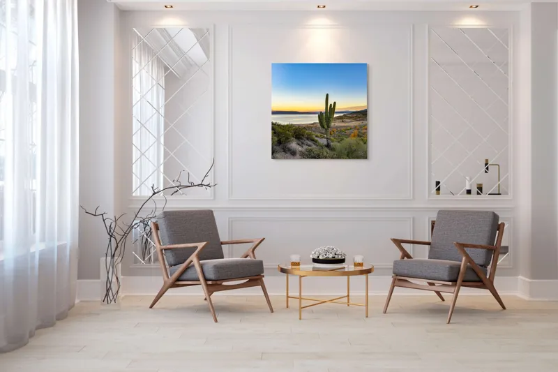 Tablou Canvas, "Apus în deșertul tăcut lângă lac", Cactuși, Apus, Peisaj, Lac, Cer, Vegetație, Coline, Lumină, Pitoresc, Tihnă, 100 x 100 cm – poza 7