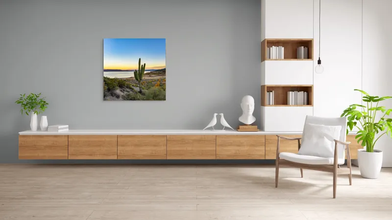 Tablou Canvas, "Apus în deșertul tăcut lângă lac", Cactuși, Apus, Peisaj, Lac, Cer, Vegetație, Coline, Lumină, Pitoresc, Tihnă, 100 x 100 cm – poza 8