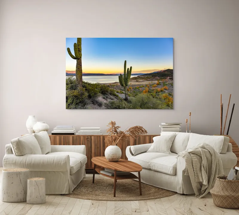 Tablou Canvas, "Apus în deșertul tăcut lângă lac", Cactuși, Apus, Peisaj, Lac, Cer, Vegetație, Coline, Lumină, Pitoresc, Tihnă, 150 x 100 cm – poza 3
