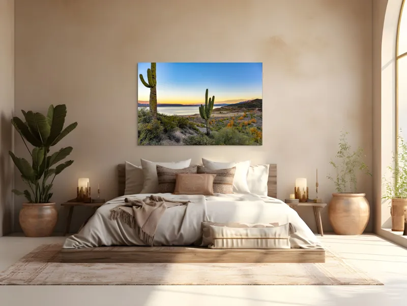 Tablou Canvas, "Apus în deșertul tăcut lângă lac", Cactuși, Apus, Peisaj, Lac, Cer, Vegetație, Coline, Lumină, Pitoresc, Tihnă, 150 x 100 cm – poza 4