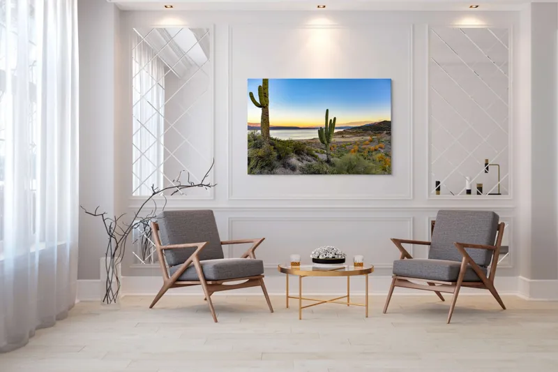 Tablou Canvas, "Apus în deșertul tăcut lângă lac", Cactuși, Apus, Peisaj, Lac, Cer, Vegetație, Coline, Lumină, Pitoresc, Tihnă, 150 x 100 cm – poza 7