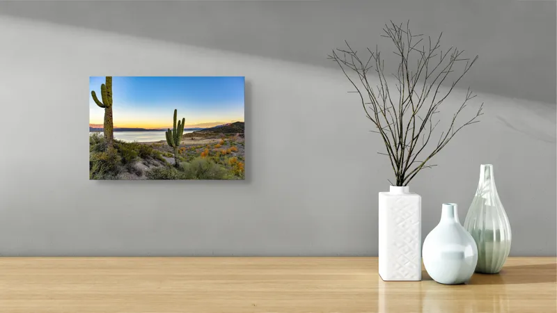 Tablou Canvas, "Apus în deșertul tăcut lângă lac", Cactuși, Apus, Peisaj, Lac, Cer, Vegetație, Coline, Lumină, Pitoresc, Tihnă, 39 x 26 cm – poza 8