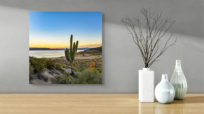 Tablou Canvas, "Apus în deșertul tăcut lângă lac", Cactuși, Apus, Peisaj, Lac, Cer, Vegetație, Coline, Lumină, Pitoresc, Tihnă, 50 x 50 cm – poza 3