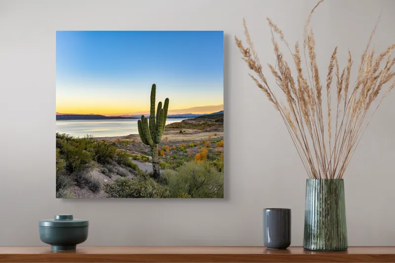 Tablou Canvas, "Apus în deșertul tăcut lângă lac", Cactuși, Apus, Peisaj, Lac, Cer, Vegetație, Coline, Lumină, Pitoresc, Tihnă, 50 x 50 cm – poza 4