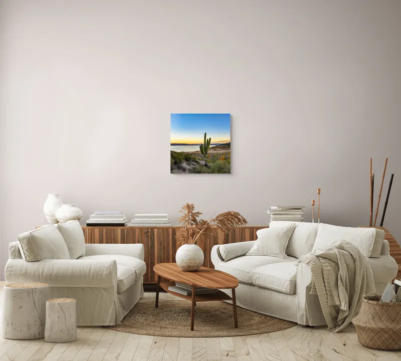 Tablou Canvas, "Apus în deșertul tăcut lângă lac", Cactuși, Apus, Peisaj, Lac, Cer, Vegetație, Coline, Lumină, Pitoresc, Tihnă, 50 x 50 cm – poza 7