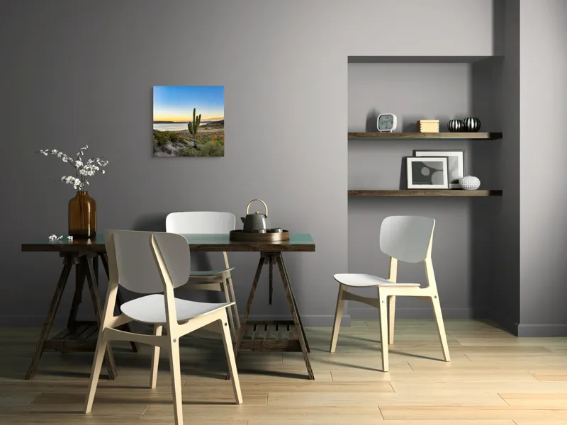 Tablou Canvas, "Apus în deșertul tăcut lângă lac", Cactuși, Apus, Peisaj, Lac, Cer, Vegetație, Coline, Lumină, Pitoresc, Tihnă, 50 x 50 cm – poza 8