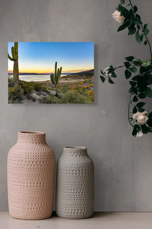 Tablou Canvas, "Apus în deșertul tăcut lângă lac", Cactuși, Apus, Peisaj, Lac, Cer, Vegetație, Coline, Lumină, Pitoresc, Tihnă, 54 x 39 cm – poza 8
