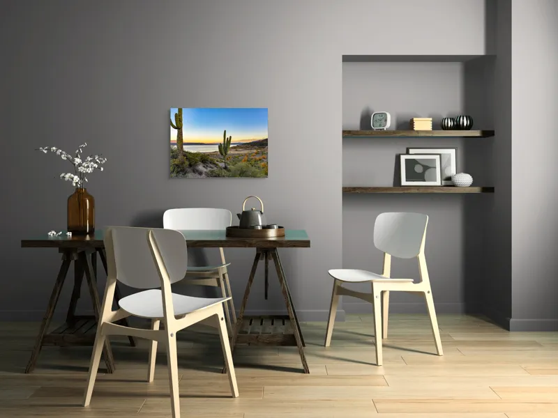 Tablou Canvas, "Apus în deșertul tăcut lângă lac", Cactuși, Apus, Peisaj, Lac, Cer, Vegetație, Coline, Lumină, Pitoresc, Tihnă, 70 x 50 cm – poza 5