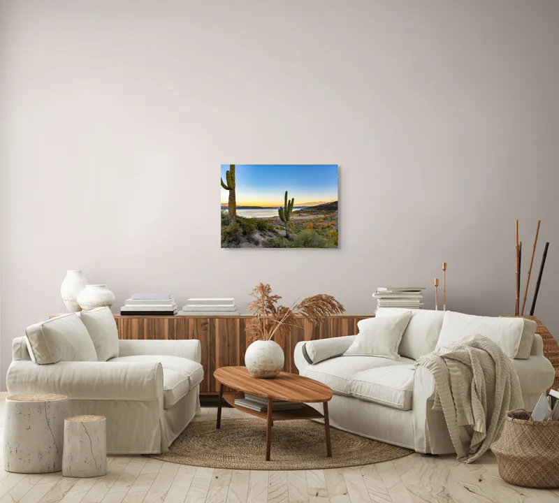 Tablou Canvas, "Apus în deșertul tăcut lângă lac", Cactuși, Apus, Peisaj, Lac, Cer, Vegetație, Coline, Lumină, Pitoresc, Tihnă, 70 x 50 cm – poza 6
