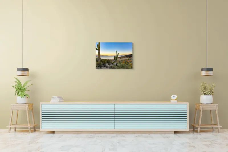 Tablou Canvas, "Apus în deșertul tăcut lângă lac", Cactuși, Apus, Peisaj, Lac, Cer, Vegetație, Coline, Lumină, Pitoresc, Tihnă, 70 x 50 cm – poza 7