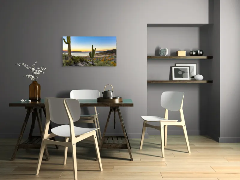 Tablou Canvas, "Apus în deșertul tăcut lângă lac", Cactuși, Apus, Peisaj, Lac, Cer, Vegetație, Coline, Lumină, Pitoresc, Tihnă, 90 x 50 cm – poza 3
