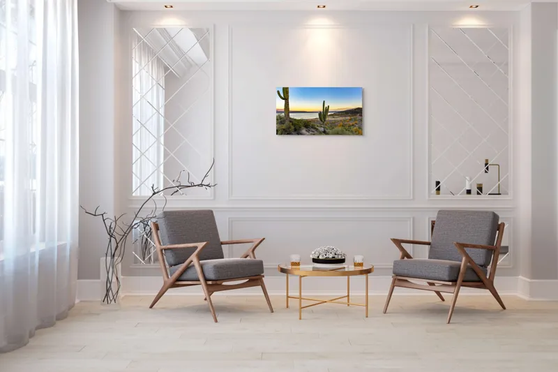 Tablou Canvas, "Apus în deșertul tăcut lângă lac", Cactuși, Apus, Peisaj, Lac, Cer, Vegetație, Coline, Lumină, Pitoresc, Tihnă, 90 x 50 cm – poza 7