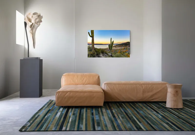 Tablou Canvas, "Apus în deșertul tăcut lângă lac", Cactuși, Apus, Peisaj, Lac, Cer, Vegetație, Coline, Lumină, Pitoresc, Tihnă, 90 x 50 cm – poza 8